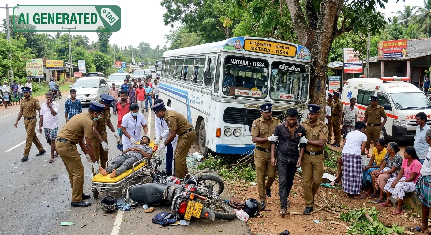 Read more about the article மாத்தறை – திஸ்ஸ வீதியில் பயங்கர விபத்து: பேருந்தும் மோட்டார் சைக்கிளும் மோதி 19 பேர் காயம்!